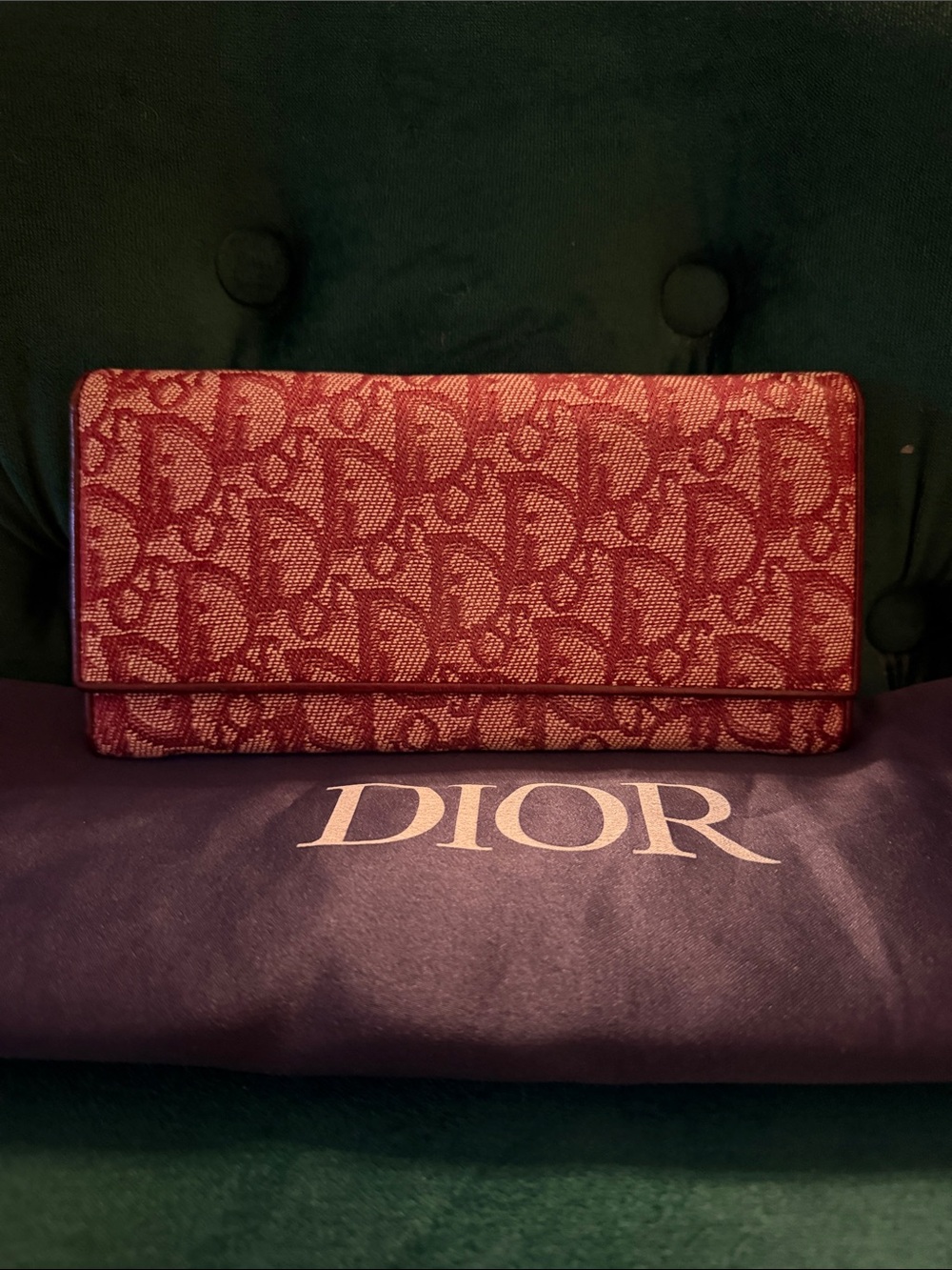 Dior Vintage Trotter Burgundy Continental Kisslock Wallet with Navy Dust Bag